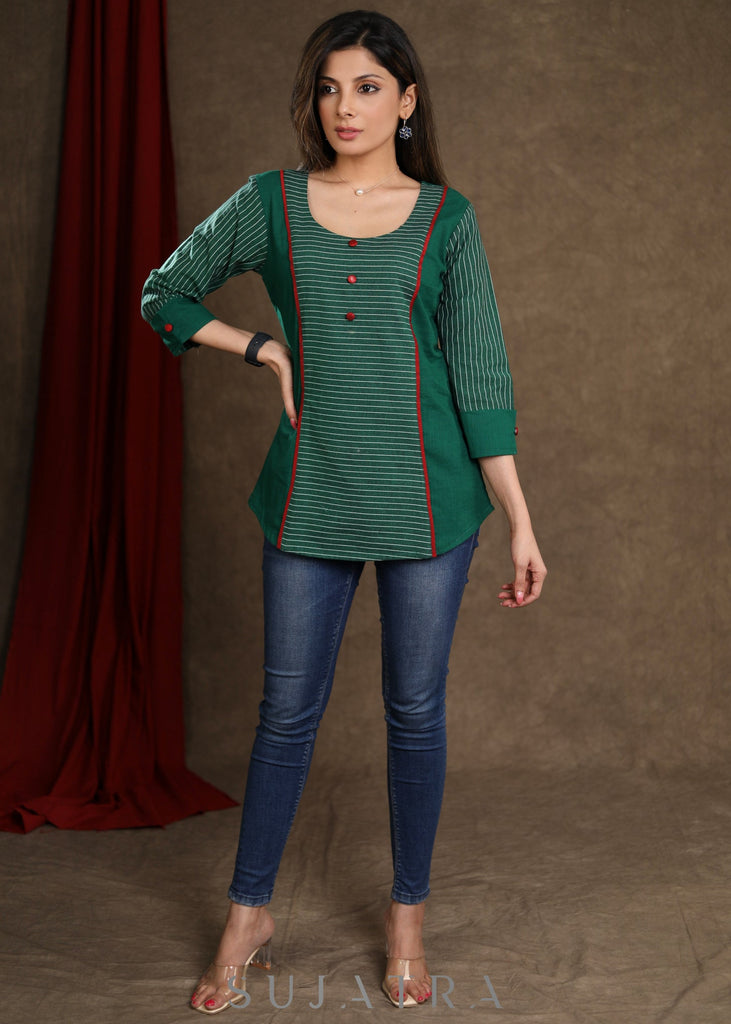 Trendy Green Cotton Ikkat Combination Top with Maroon Detailing