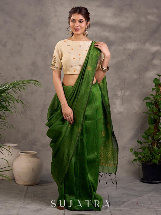 Striking Green Linen Saree with Zari Butti