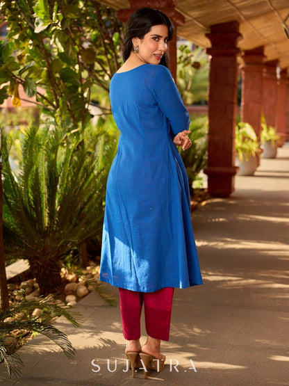 Luxe Blue Cotton Kurta with Traditional Mirror Work and Embroidered Detailing