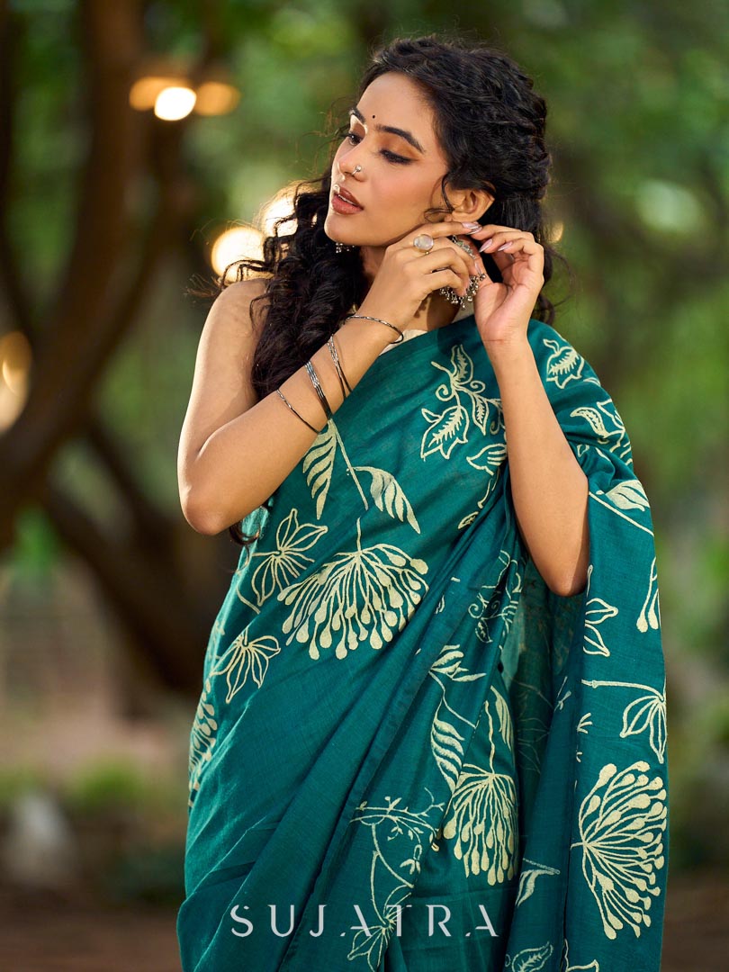 Elegant Rama Green Cotton Saree with Delicate Floral Hand Block Print