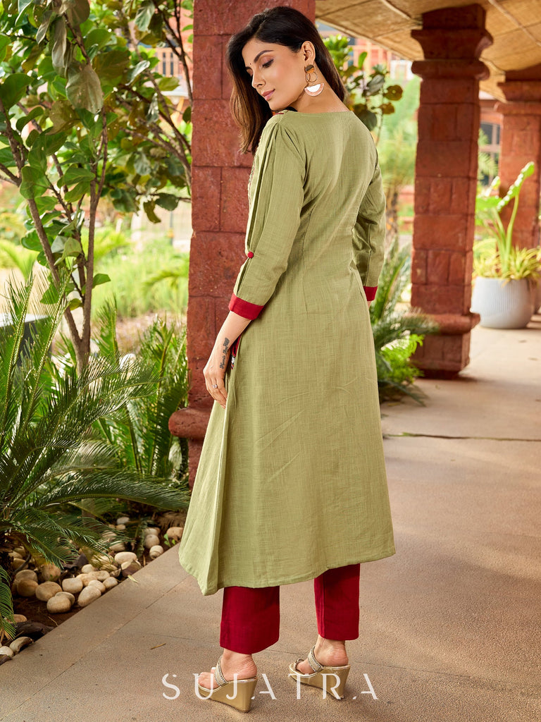 Beautiful Pista green cotton kurta featuring mirror-highlighted functional side pocket -pant optional