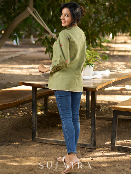 Mystical Mint Green Cotton Slub Top with Mandarin Collar, Placket, Delicate Floral Embroidery & Crochet Lace Accents
