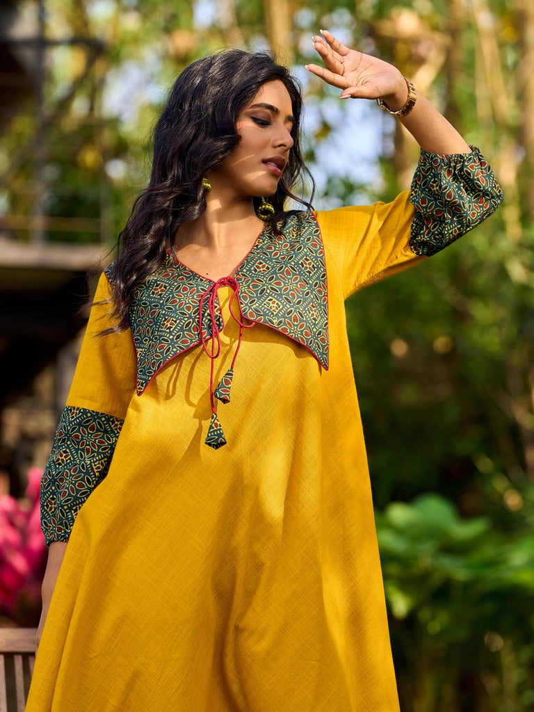 Handcrafted Mustard Cotton Flared Dress with Contrasting Ajrakh Collar
