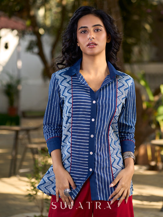 Indigo Heritage Cotton Flex Shirt with Hand-Blocked Stripe and Chevron Panels