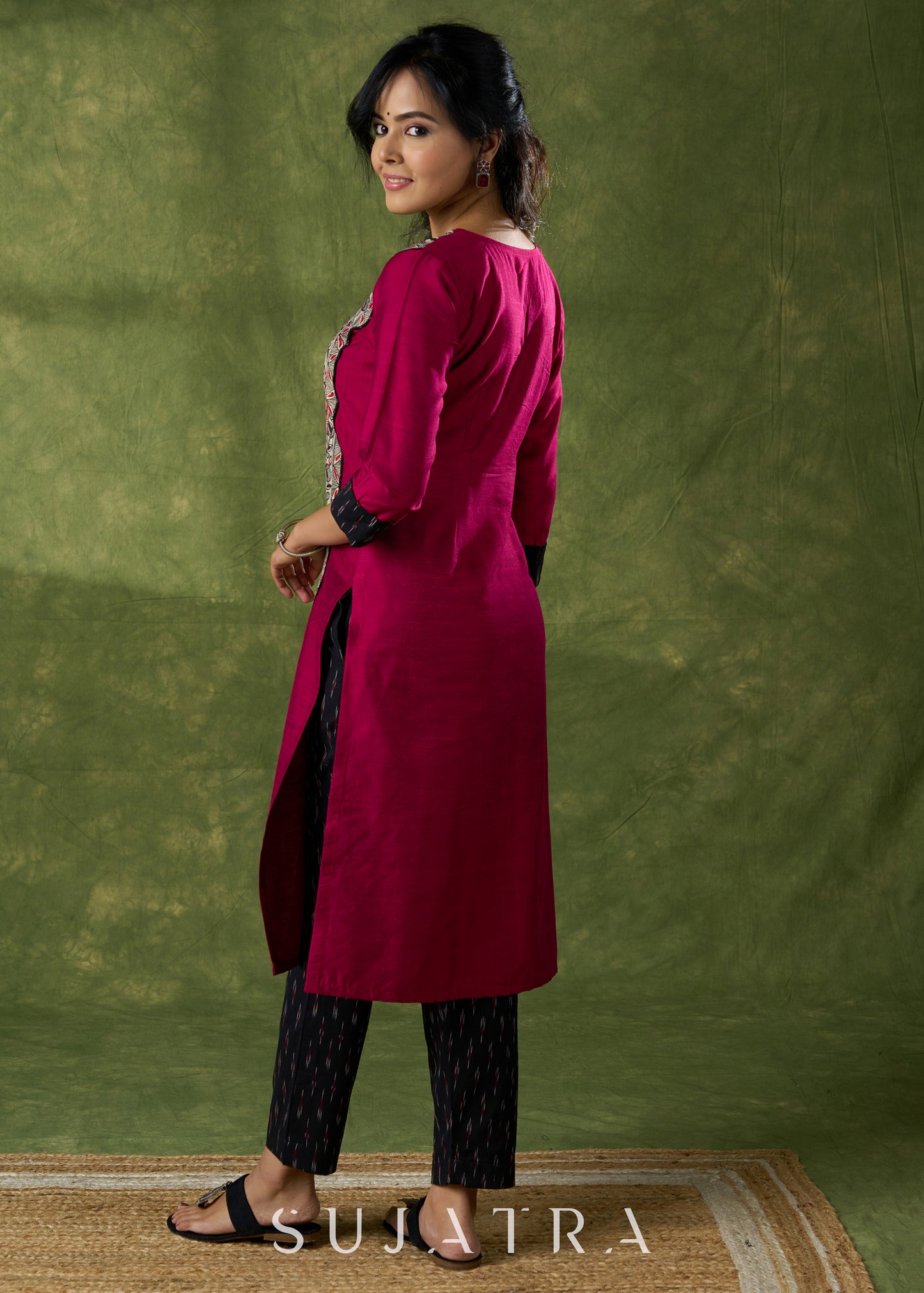 Classic Magenta Cotton Silk Kurta With Hand Painted  Madhubani Panel  - Pant Additional
