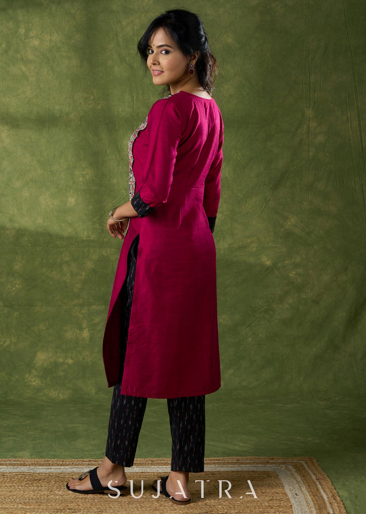 Classic Magenta Cotton Silk Kurta With Hand Painted  Madhubani Panel  - Pant Additional