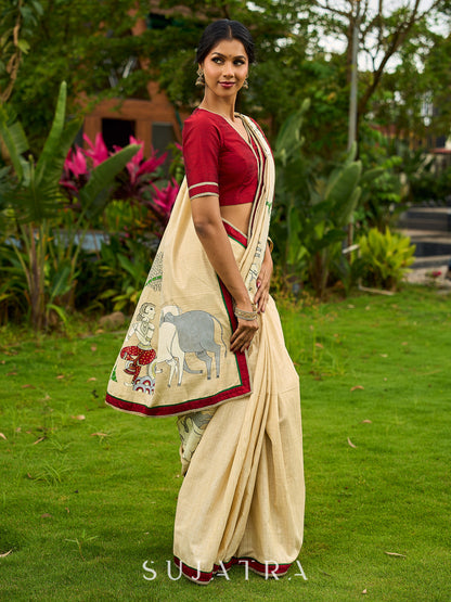 Statement Cream Cotton Saree with Pichwai Cow Painting & Contrast Trim