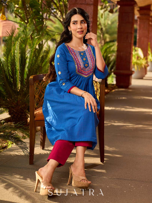 Luxe Blue Cotton Kurta with Traditional Mirror Work and Embroidered Detailing