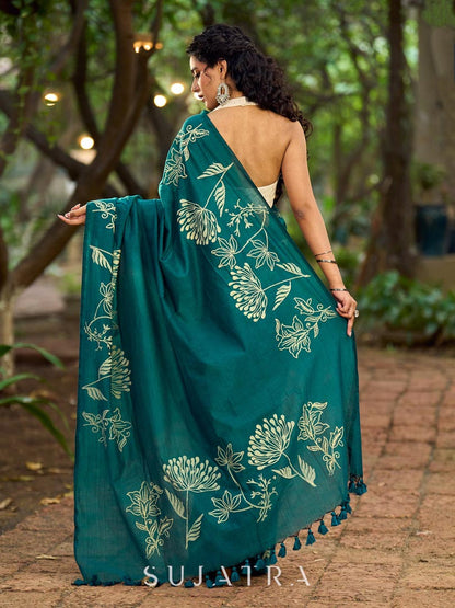 Elegant Rama Green Cotton Saree with Delicate Floral Hand Block Print