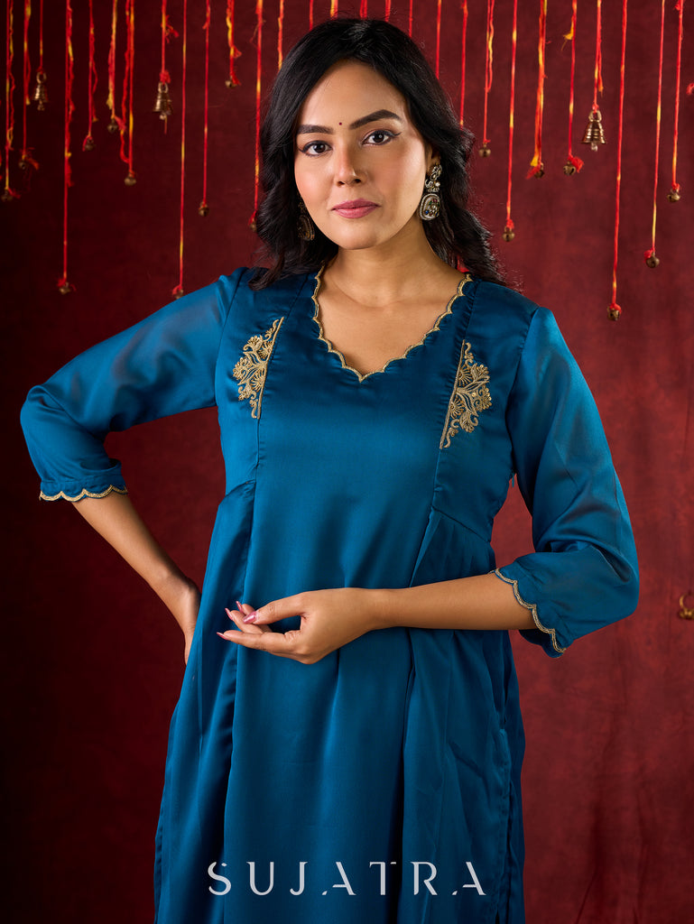 Teal Elegance Silk Panel Kurta with Minimalist Embroidery