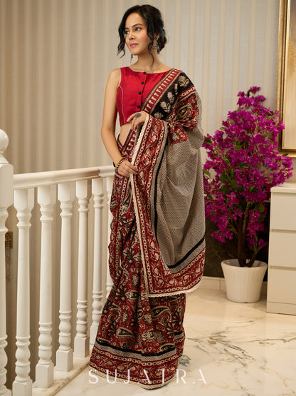 Maroon magic in bold paisley hand block prints on cotton saree
