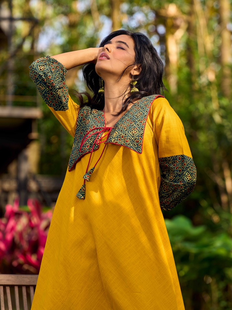 Handcrafted Mustard Cotton Flared Dress with Contrasting Ajrakh Collar