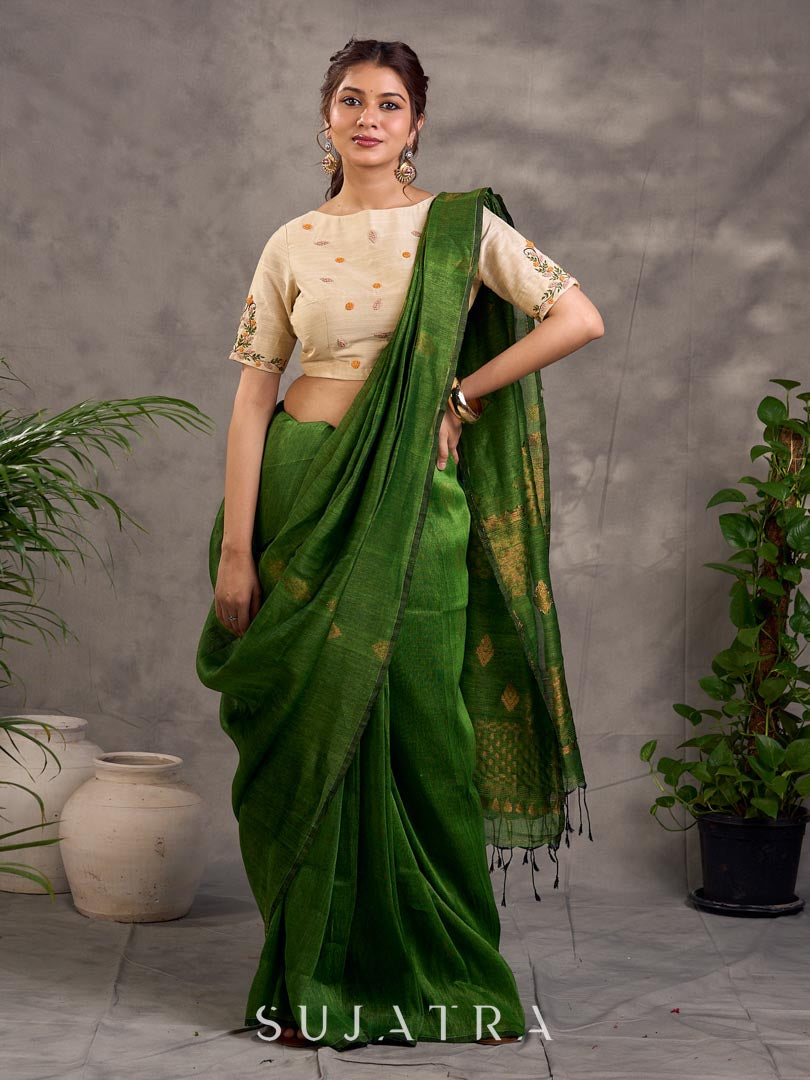 Striking Green Linen Saree with Zari Butti