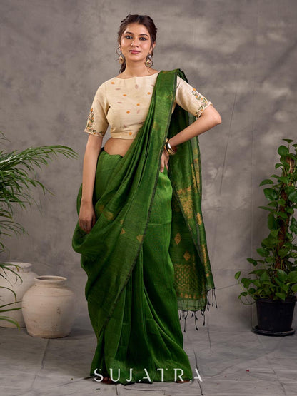 Striking Green Linen Saree with Zari Butti