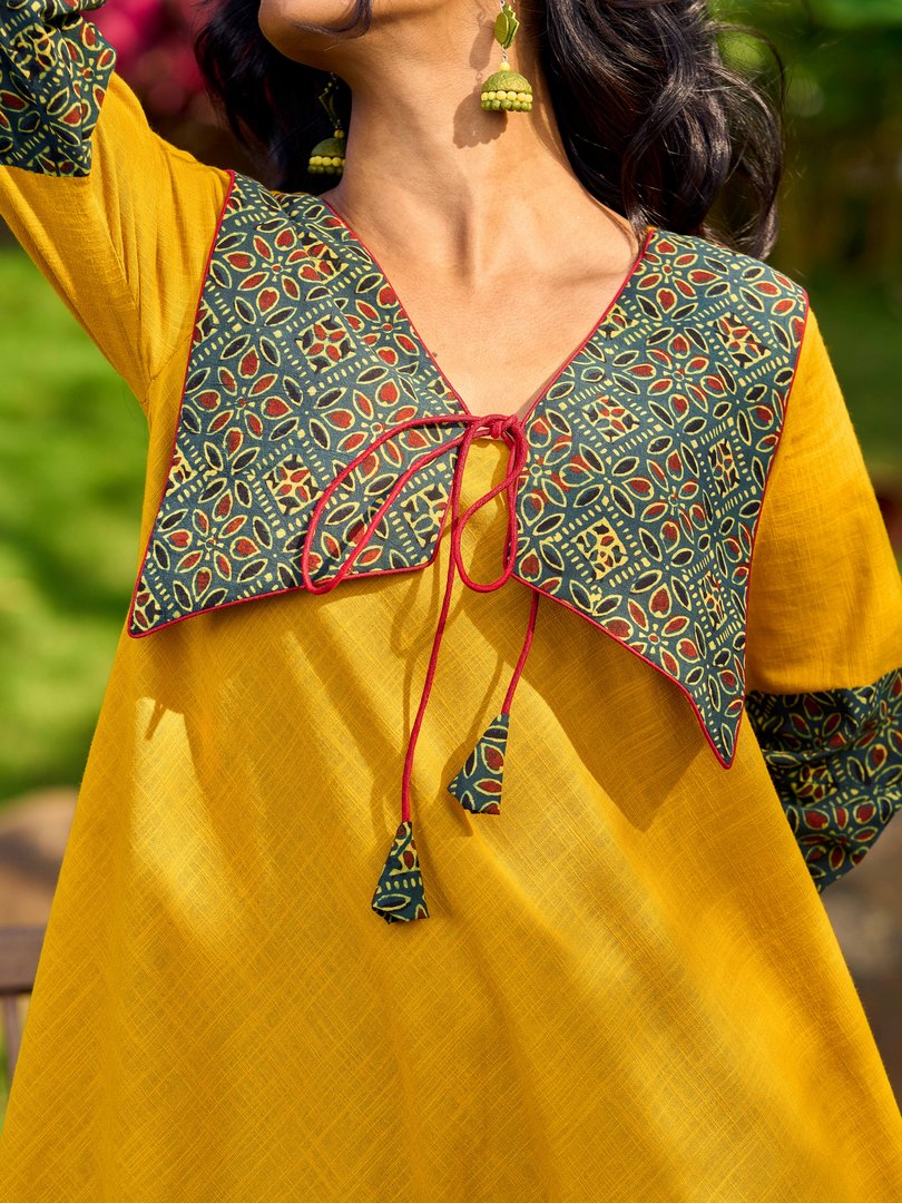 Handcrafted Mustard Cotton Flared Dress with Contrasting Ajrakh Collar