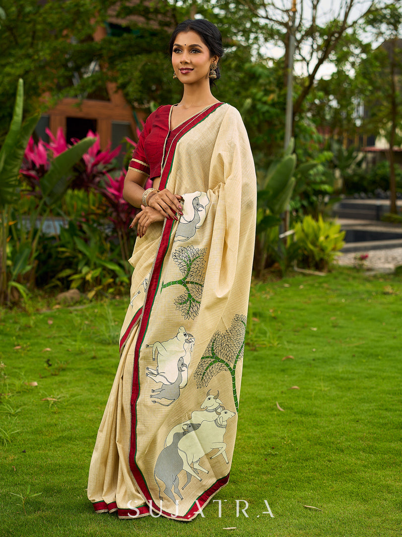 Statement Cream Cotton Saree with Pichwai Cow Painting & Contrast Trim