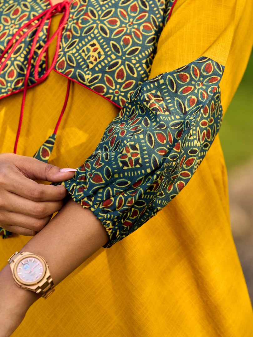 Handcrafted Mustard Cotton Flared Dress with Contrasting Ajrakh Collar