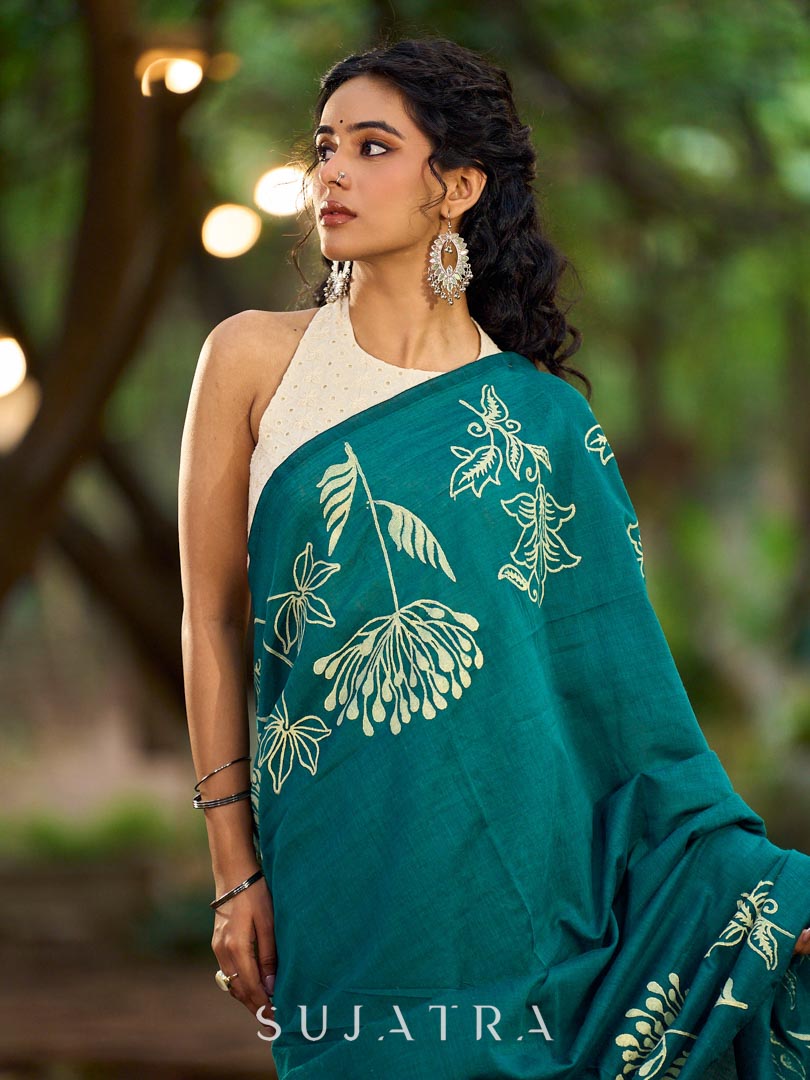 Elegant Rama Green Cotton Saree with Delicate Floral Hand Block Print