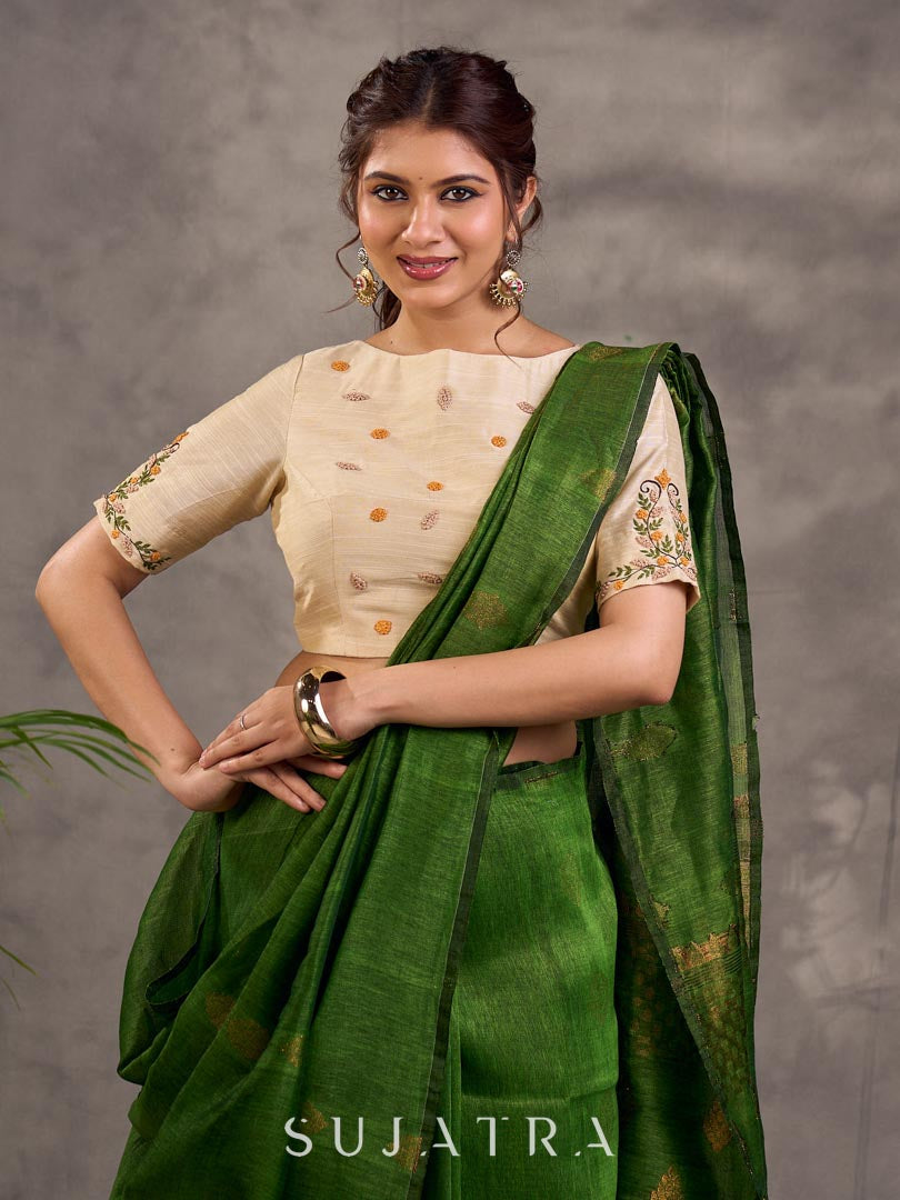 Striking Green Linen Saree with Zari Butti