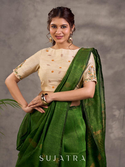 Striking Green Linen Saree with Zari Butti