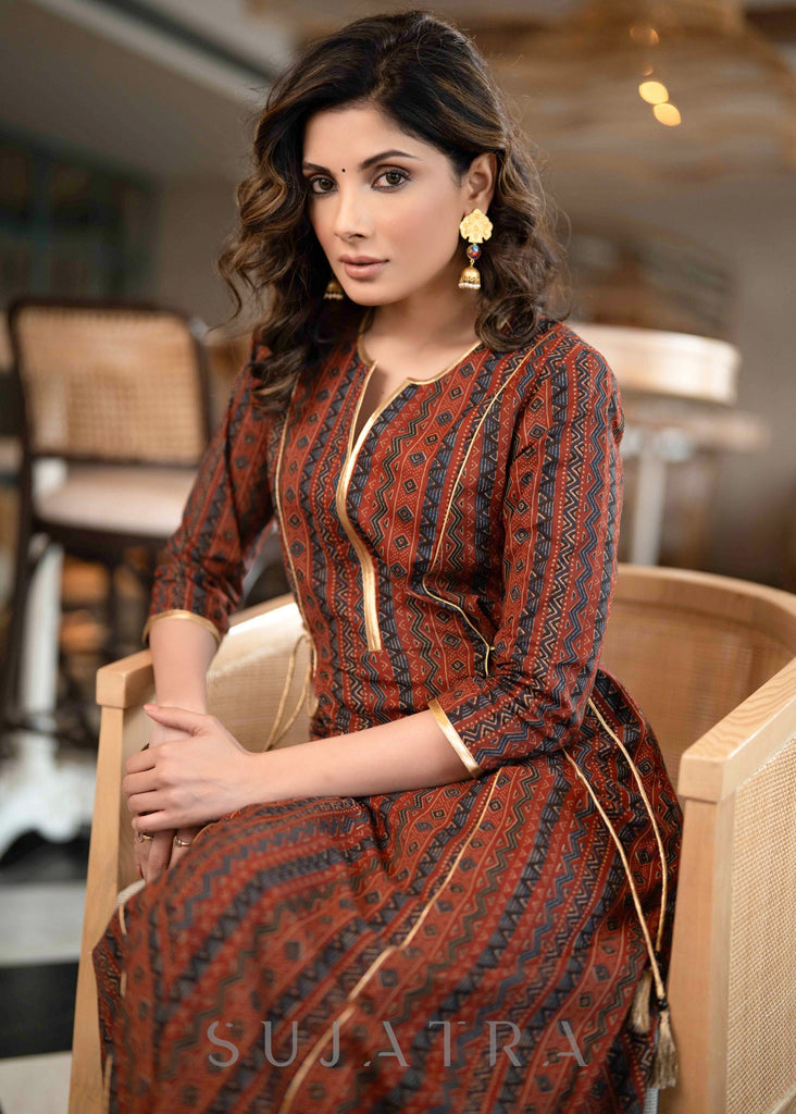Trendy Maroon Printed A Line Kurta With Side Gold Dori Detailing  - Pant Optional