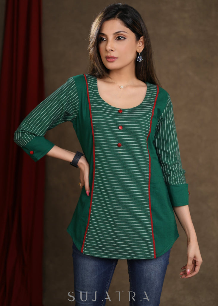 Trendy Green Cotton Ikkat Combination Top with Maroon Detailing