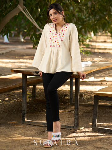 Off White Handloom Cotton Top with Intricate Hand Embroidered Floral Yoke & Elegant Hakoba Sleeves