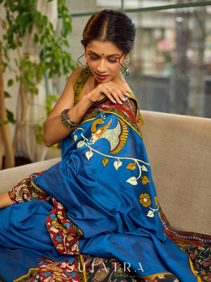 Handcrafted Blue Cotton Saree with Gond Painting & Multicolor Ikat & Kalamkari Border