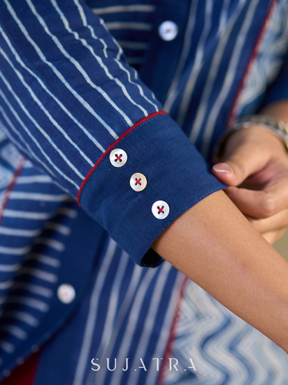 Indigo Heritage Cotton Flex Shirt with Hand-Blocked Stripe and Chevron Panels