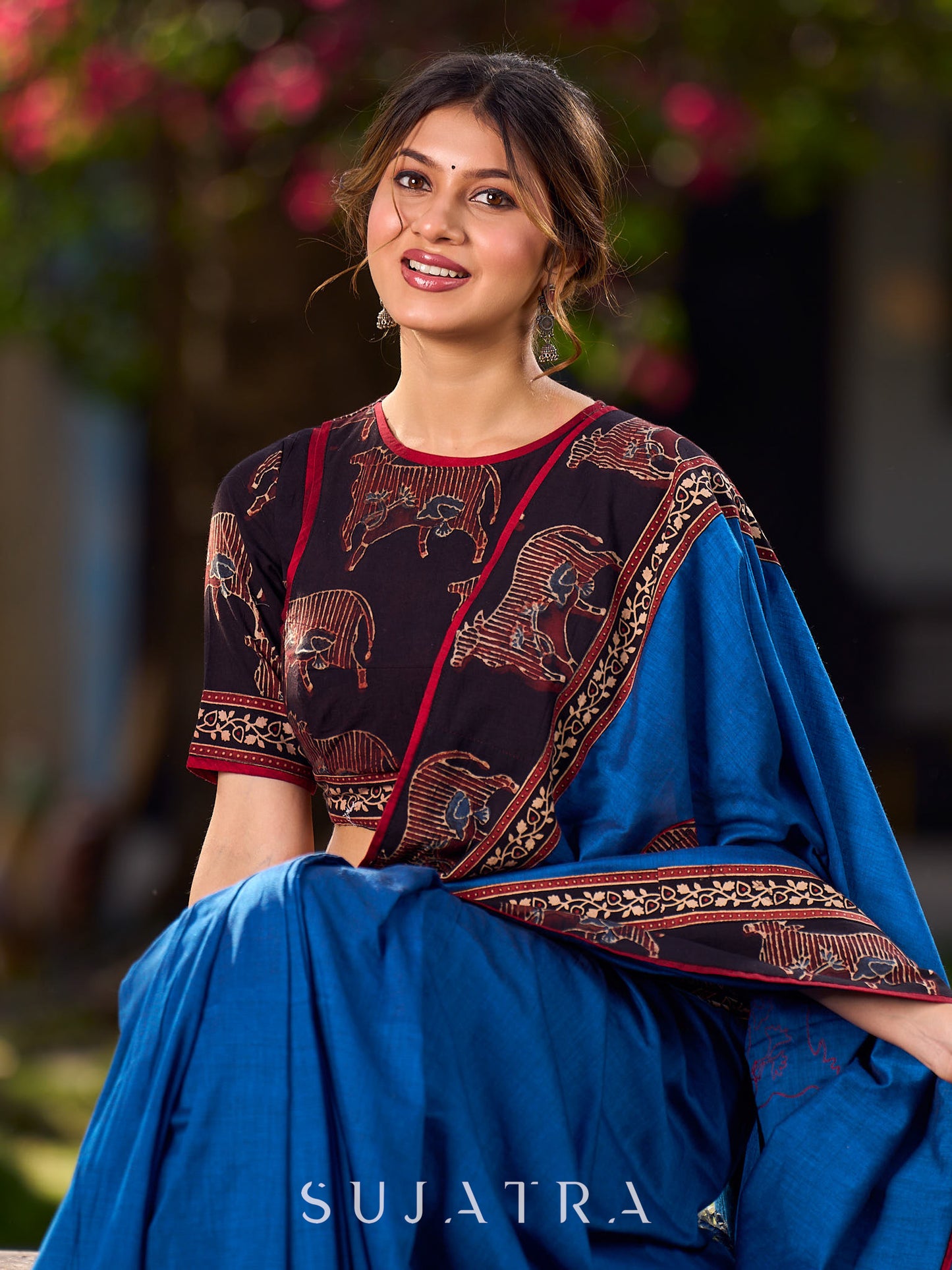 Chic Blue Saree with Pichwai Print Border and Applique Work in Pallu