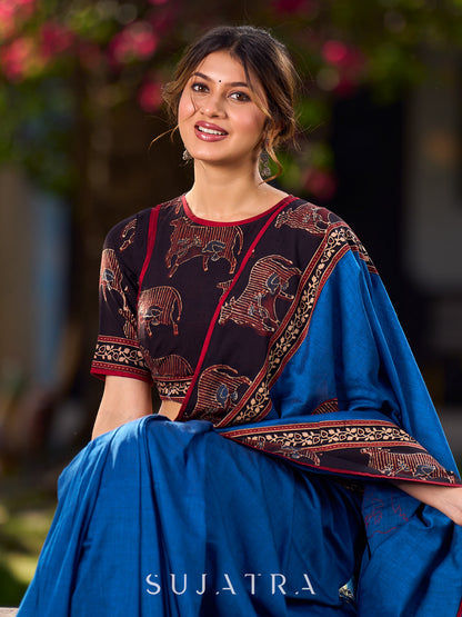 Chic Blue Saree with Pichwai Printed Border & Applique Work in Pallu