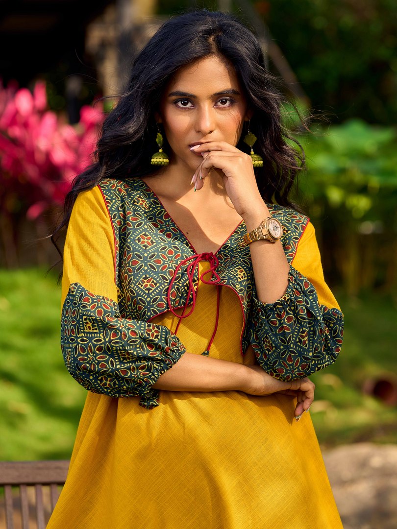 Handcrafted Mustard Cotton Flared Dress with Contrasting Ajrakh Collar