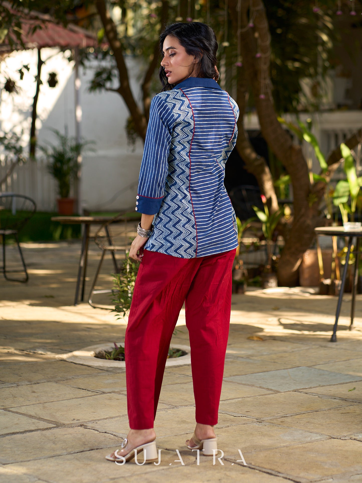 Indigo Heritage Cotton Flex Shirt with Hand-Blocked Stripe and Chevron Panels