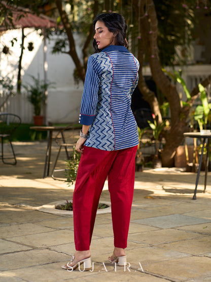 Indigo Heritage Cotton Flex Shirt with Hand-Blocked Stripe and Chevron Panels