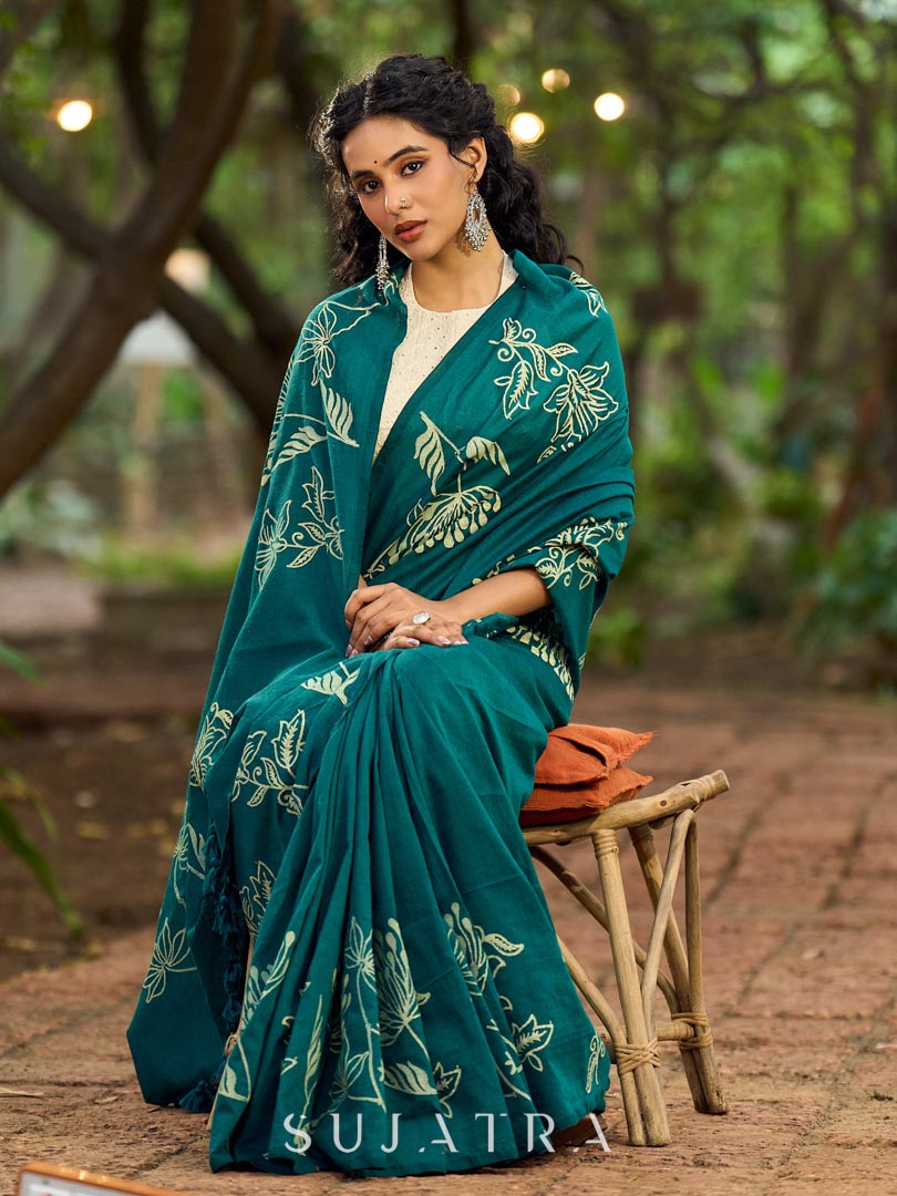Elegant Rama Green Cotton Saree with Delicate Floral Hand Block Print