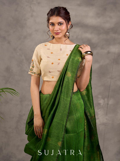 Striking Green Linen Saree with Zari Butti