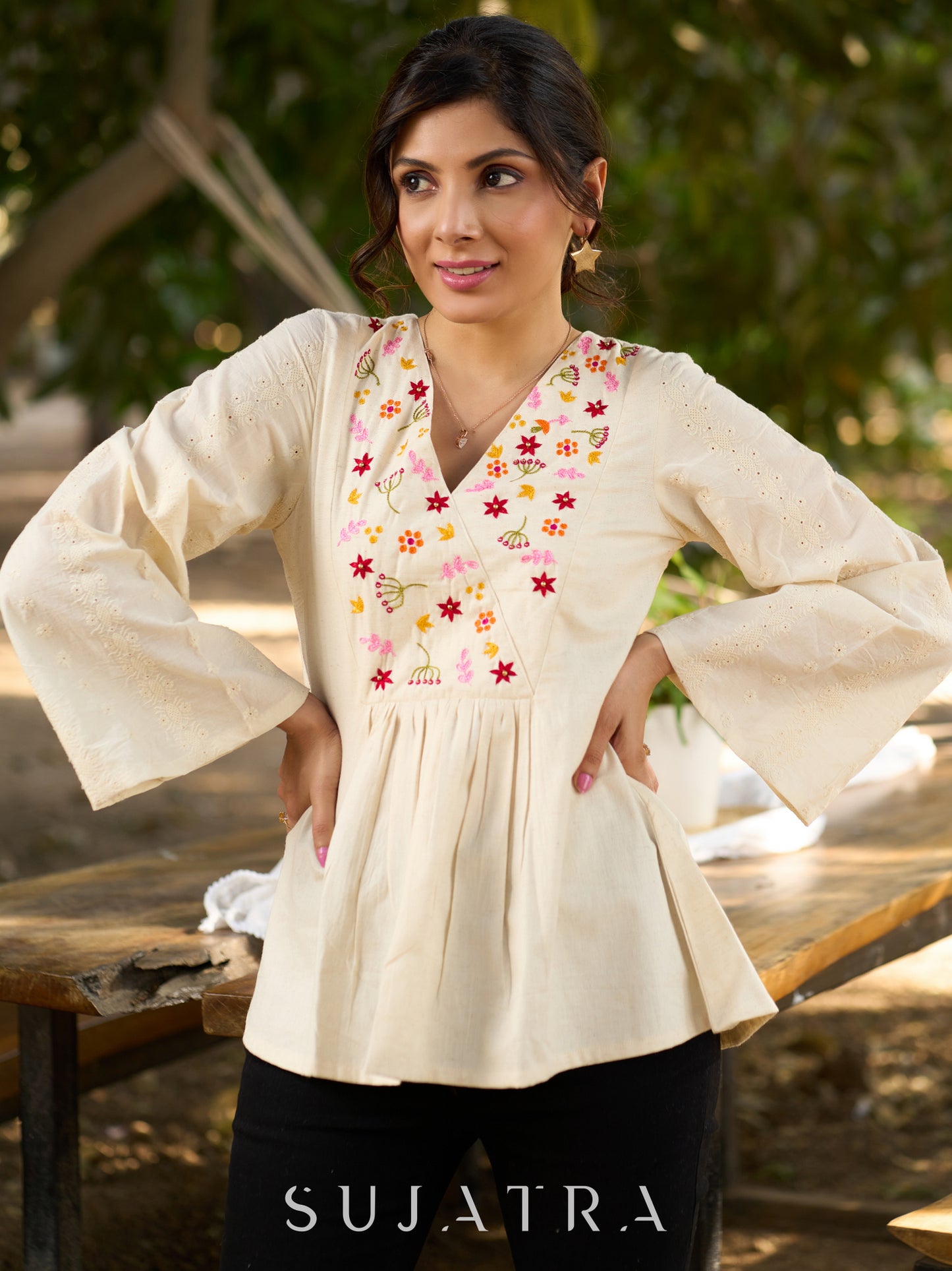 Off White Handloom Cotton Top with Intricate Hand Embroidered Floral Yoke & Elegant Hakoba Sleeves