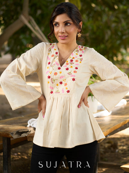 Off White Handloom Cotton Top with Intricate Hand Embroidered Floral Yoke & Elegant Hakoba Sleeves