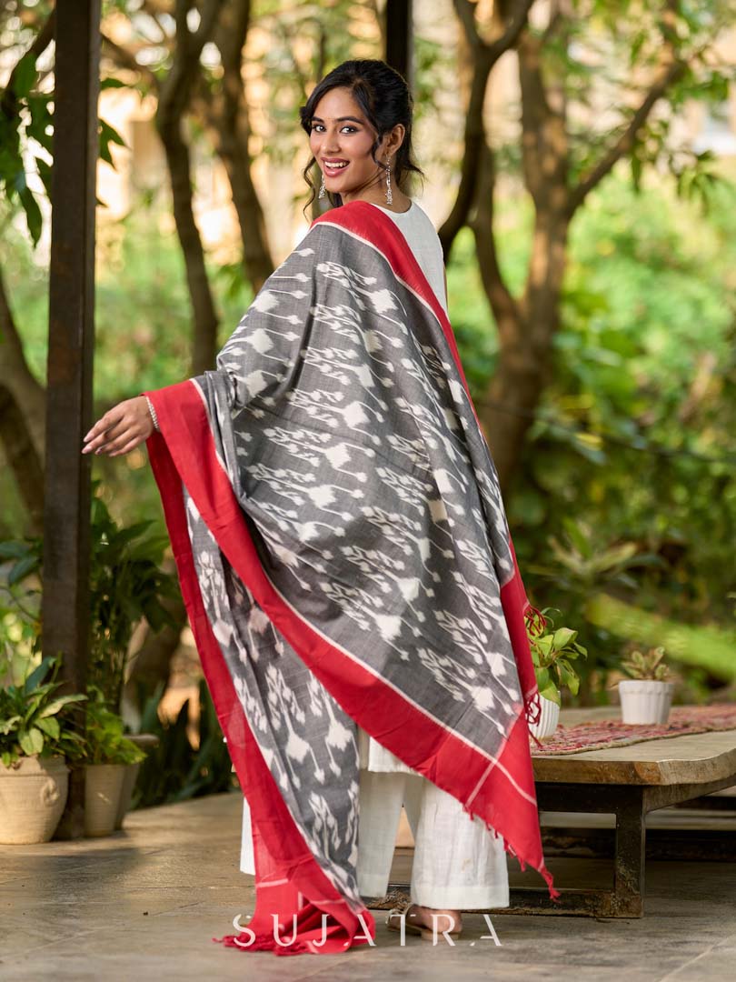 Graceful Grey & Red Combination Ikat Cotton Dupatta