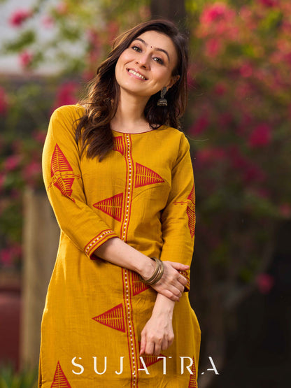 Mustard Cotton Kurta With Hand Block Printed Geometric Motifs & Border Detailing