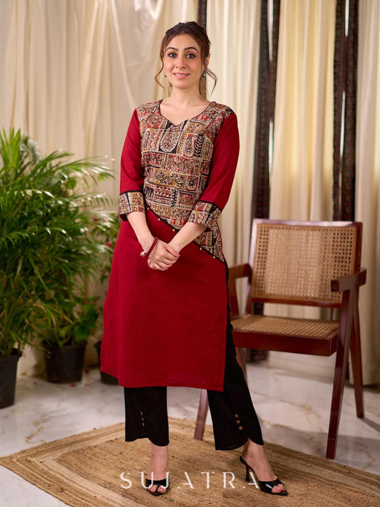 Deep Maroon Cotton Kurta with Asymmetric Kalamkari Print Yoke and Cuff Detail