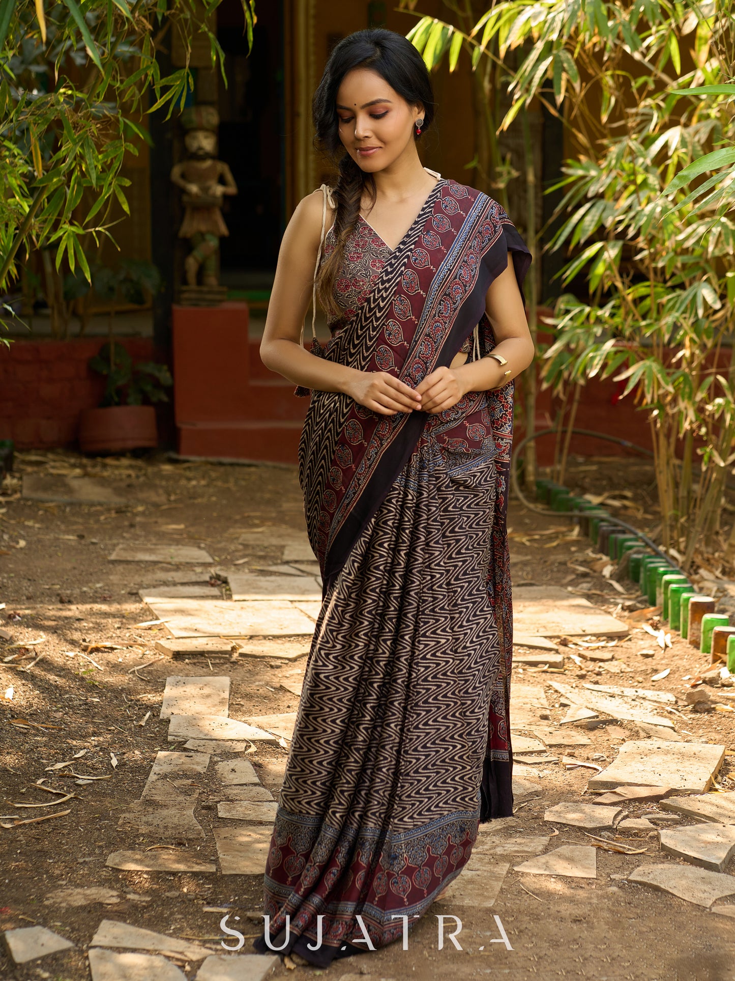 Black Hand Block Printed Ajrakh Modal Saree with Zigzag Pattern and Ornate Border