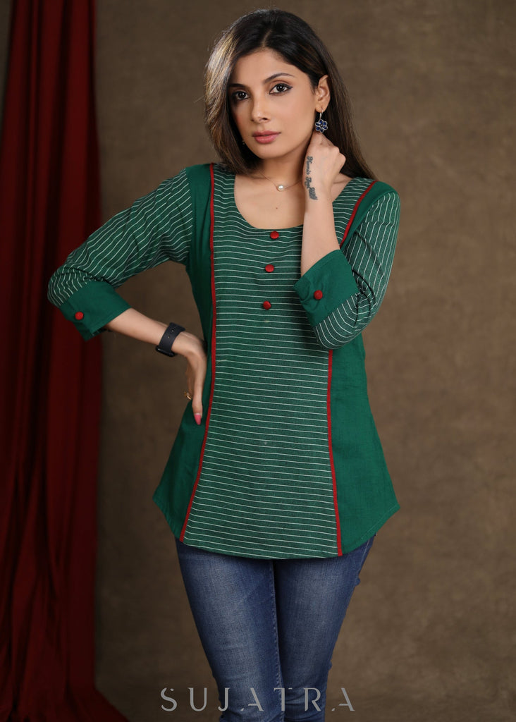 Trendy Green Cotton Ikkat Combination Top with Maroon Detailing