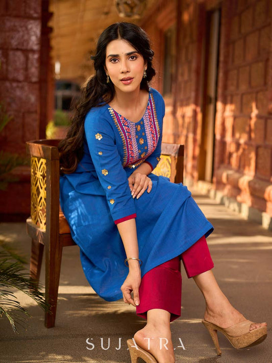 Luxe Blue Cotton Kurta with Traditional Mirror Work and Embroidered Detailing