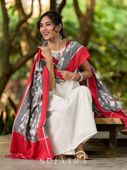 Graceful Grey & Red Combination Ikat Cotton Dupatta