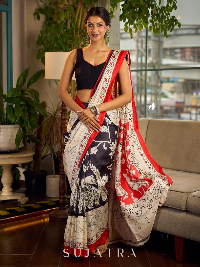 Classic Black & White Kalamkari Pure Silk Saree with Bold Red Contrast Border