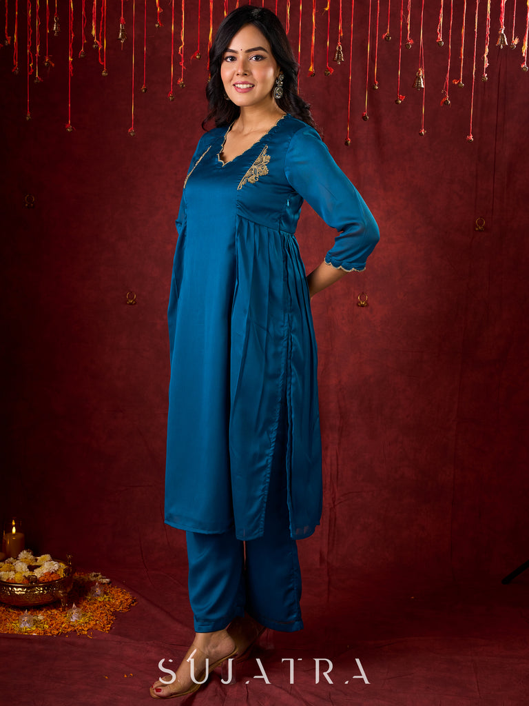 Teal Elegance Silk Panel Kurta with Minimalist Embroidery