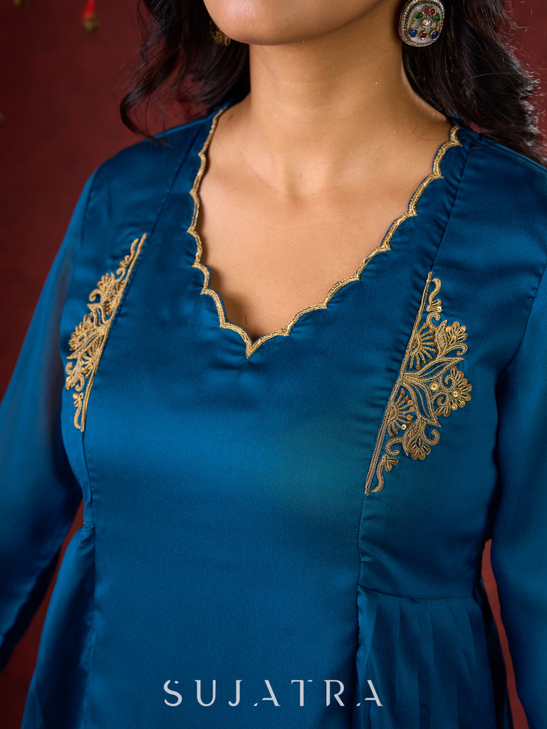 Teal Elegance Silk Panel Kurta with Minimalist Embroidery