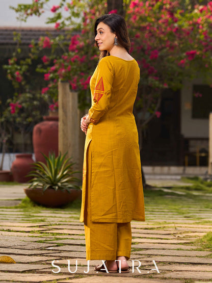 Mustard Cotton Kurta With Hand Block Printed Geometric Motifs & Border Detailing