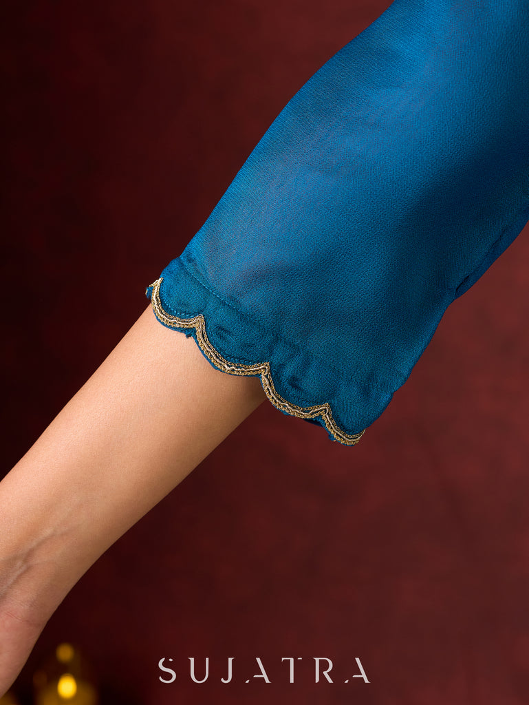 Teal Elegance Silk Panel Kurta with Minimalist Embroidery